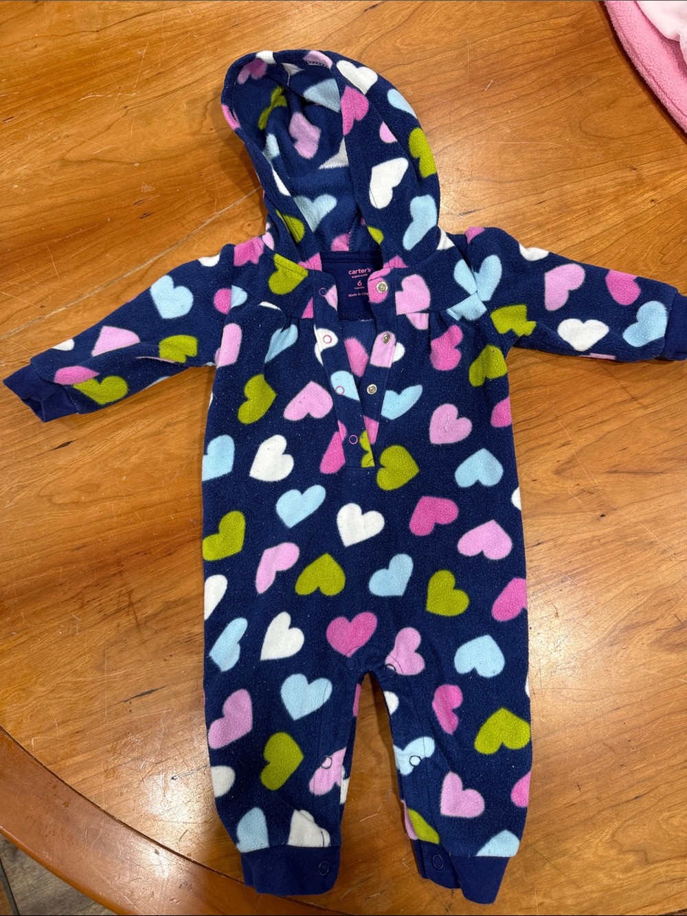 Carter's Navy Fleece Hooded One-Piece with Multicolor Hearts
